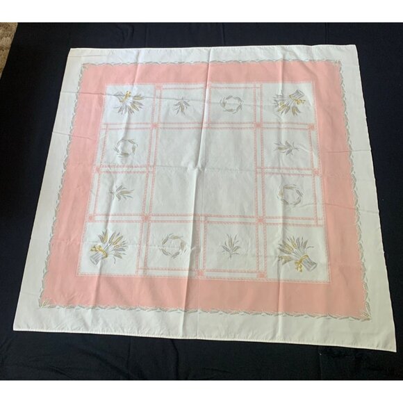 Vintage California Hand Prints Tablecloth Pink & White Floral Pattern 49"x53" - Picture 1 of 7